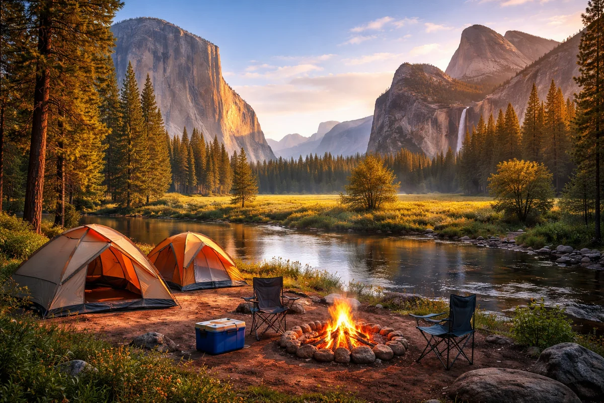 Tents pitched beside a river at golden hour below the granite walls of a national park valley