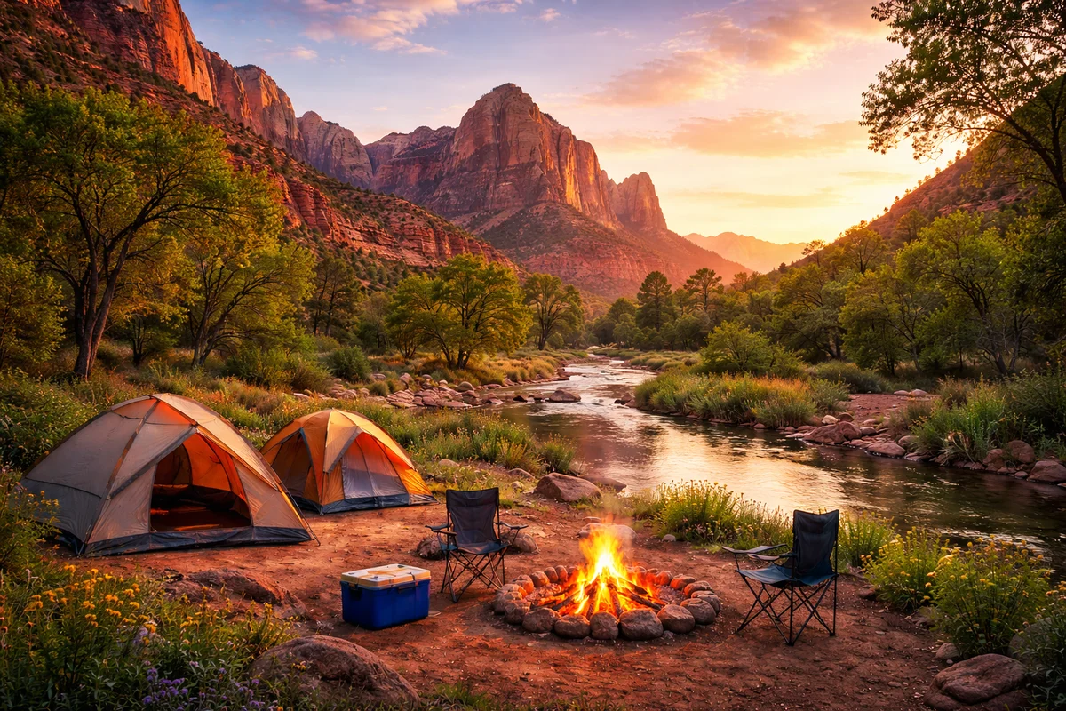 A campsite with tents and a fire ring beside a river, red canyon walls behind it at sunset